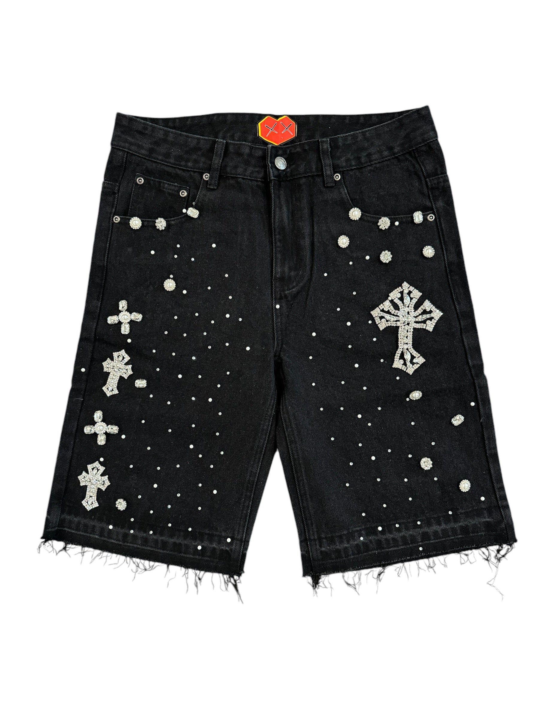 OG BLACK Denim Jorts - Raw Edge/ Embellished