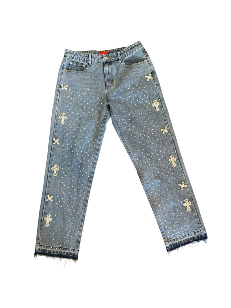 Denim Pants - Straight Leg / Raw Edge/ Embellished