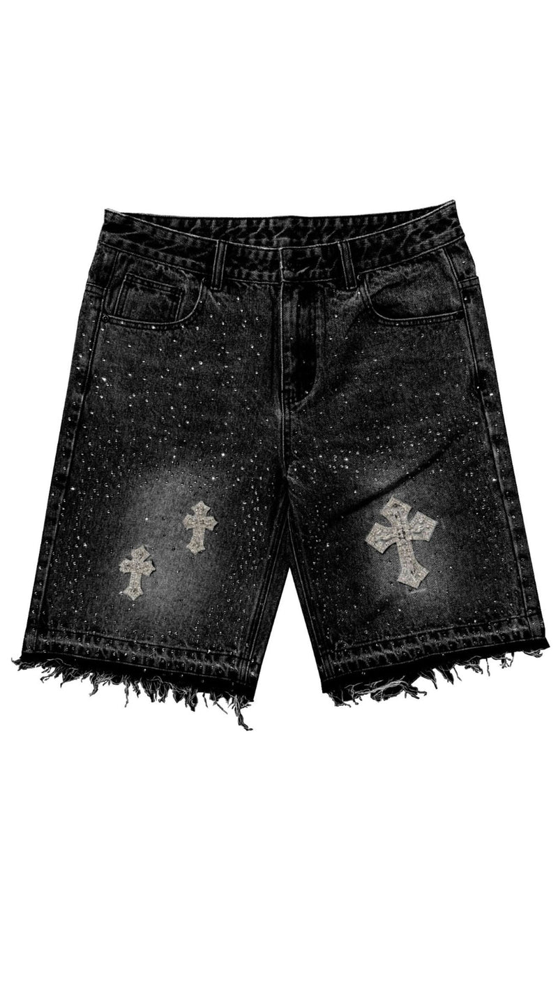 NEW BLACK Denim Jorts - Raw Edge / Embellished