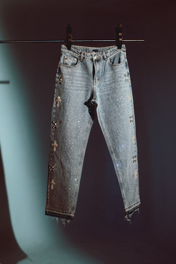 Denim Pants - Straight Leg / Raw Edge/ Embellished