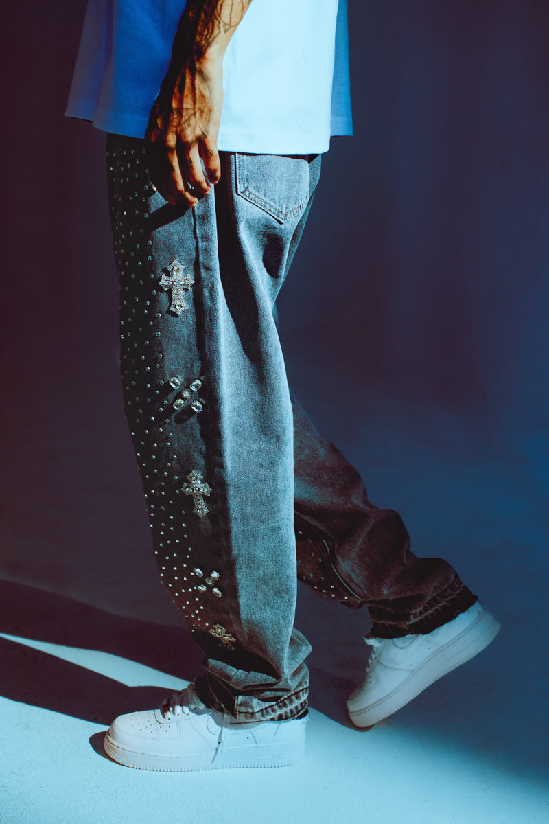 Denim Pants - Straight Leg / Raw Edge/ Embellished